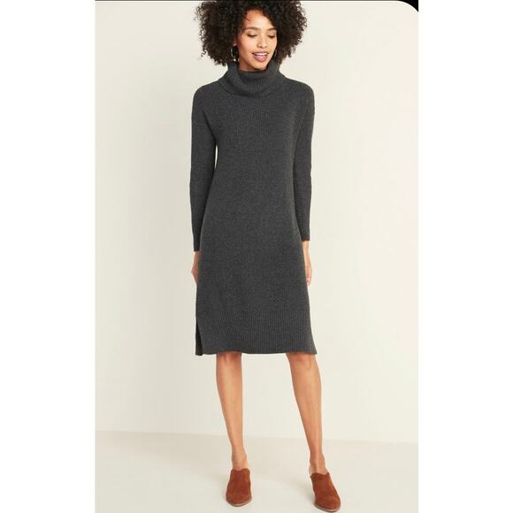 NWT Medium Old Navy Gray Shaker-Stitch Turtleneck Midi Long Sleeve Sweater Dress - Picture 1 of 7